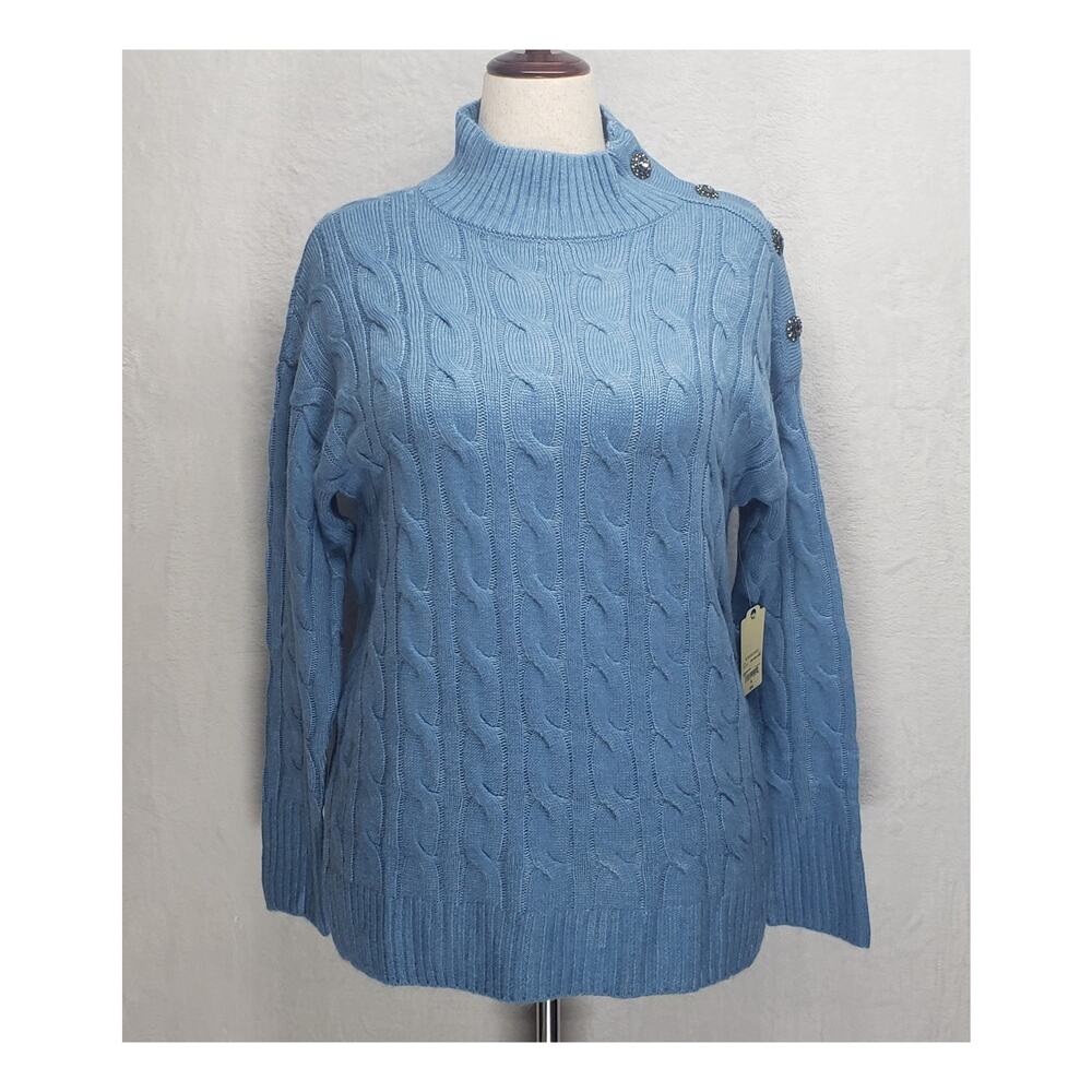 St John's Bay Petite L Durango Blue Cable Knit Gem Accent Sweater Cabincore